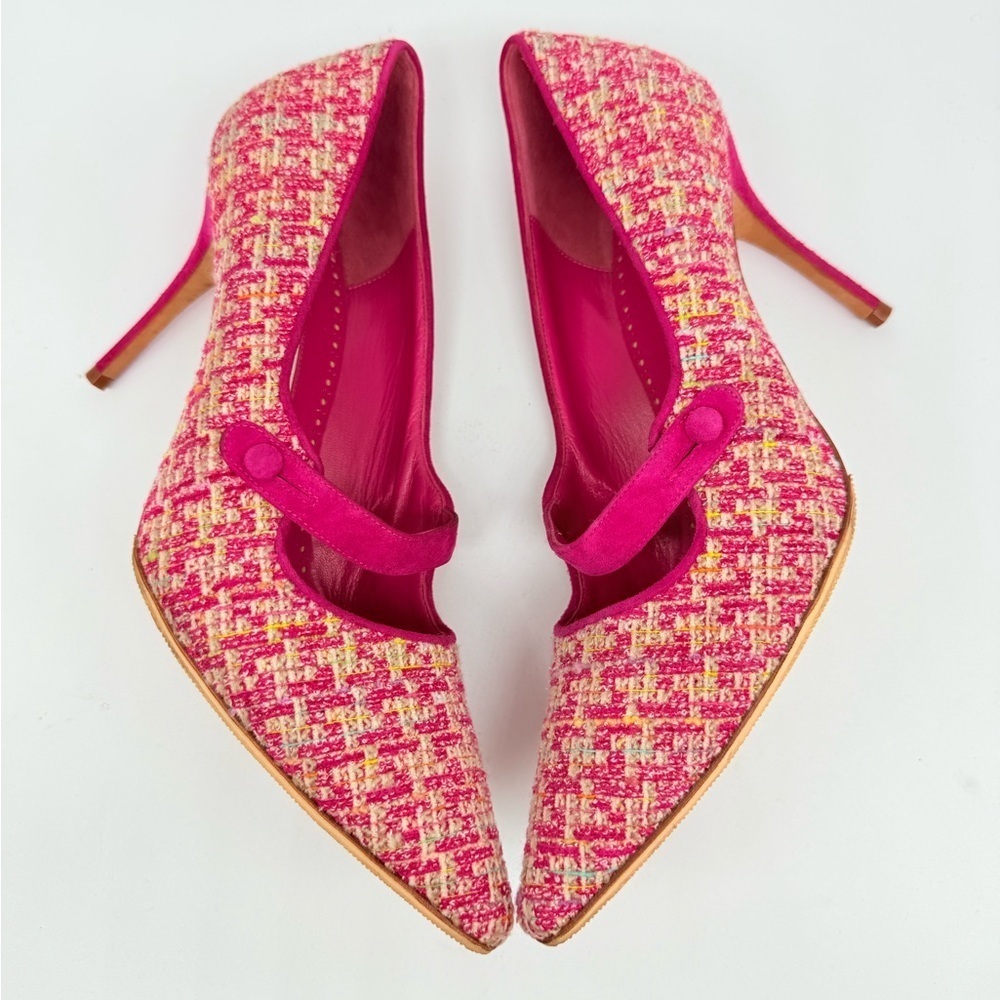Manolo Blahnik Pink multicolor Tweed Suede Mary Jane Pumps Heels EU 40 - Picture 3 of 7